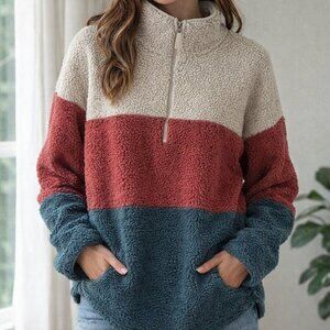 Kismet, size XXL, fuzzy 1/4 zip tri colored long sleeve pull over sweater